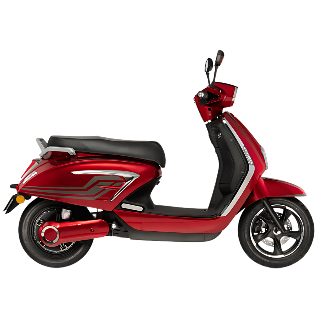 Rapiid Pulse electric scooter in racing red, front three-quarter view